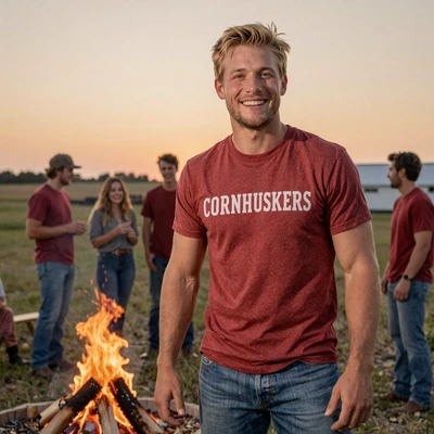 Country couple at a bonfire with friends during harvest season