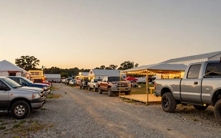 Country county fair at dusk with pickup trucks and string lights