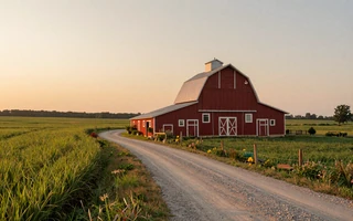 Rural countryside with red barn, gateway to country lifestyle dating on MuchDating