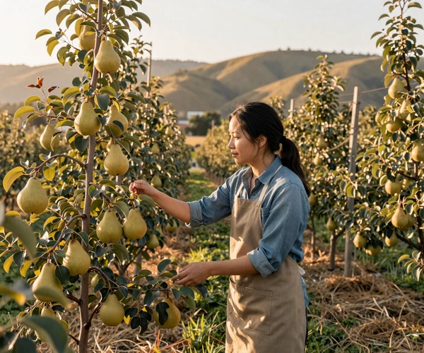 Vietnamese-American orchardist tending Asian pear trees in California Central Valley, representing rural Asian farmers dating community at MuchDating