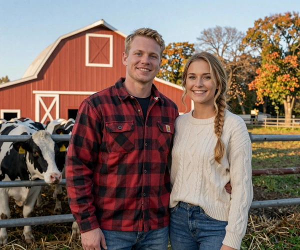 Minnesota dairy farm couple in flannel by red barn illustrating North Star farmer dating community